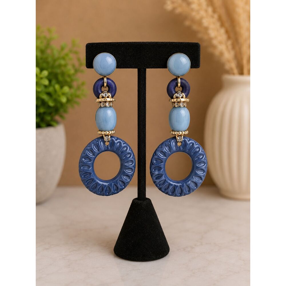 Blue Statement Dangle Earrings Textured Resin Hoop Stacked Beaded Drop New